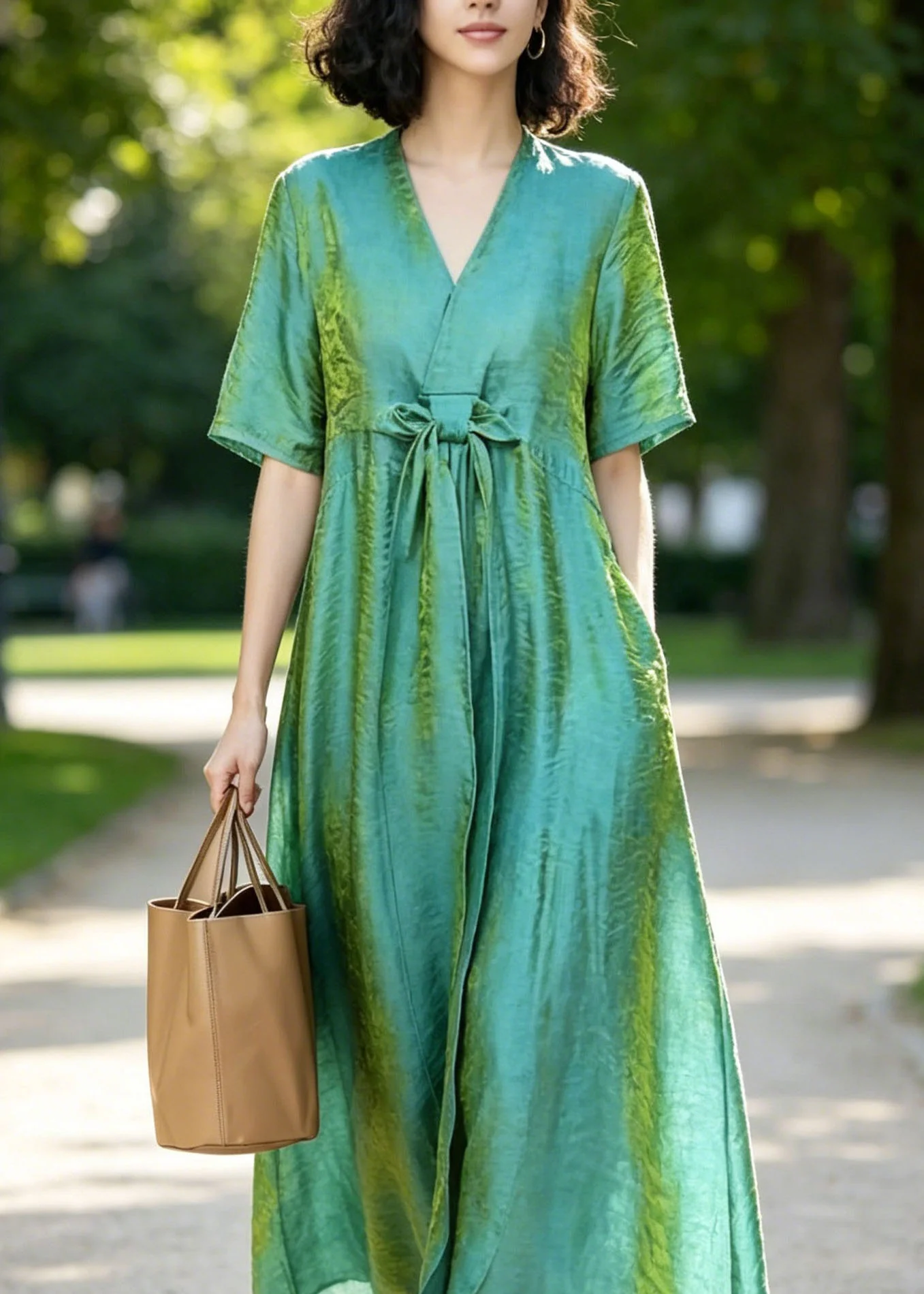 Women Blue V Neck Bow Silk Long Dresses Summer - Image 2