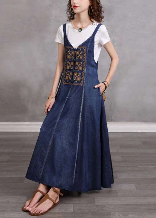 Women Blue V Neck Embroideried Spaghetti Strap Cotton Long Dress Sleeveless - Image 2