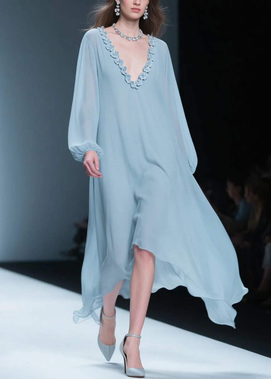 Women Blue V Neck Floral Solid Chiffon Long Dresses - Image 3