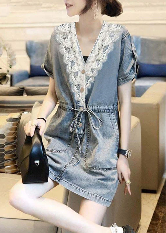 Women Blue V Neck Lace Patchwork Tie Waist Holiday Mid Dress Short Sleeve - Image 3