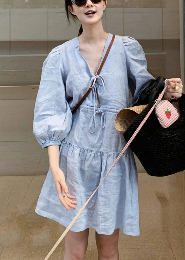 Women Blue V Neck Lace Up Linen Mid Dress Bracelet Sleeve - Image 2
