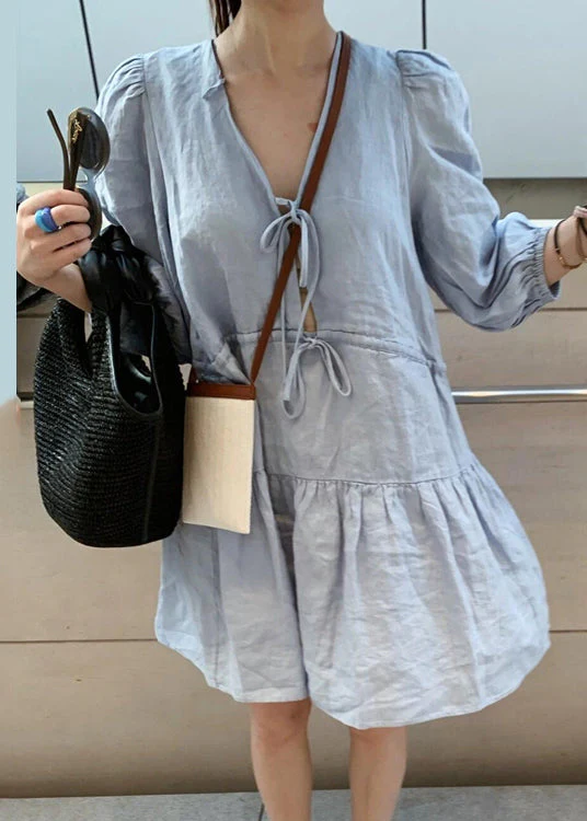 Women Blue V Neck Lace Up Linen Mid Dress Bracelet Sleeve - Image 3
