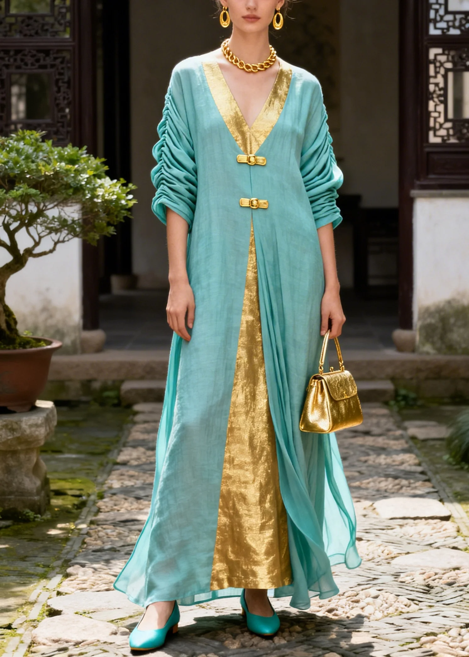 Women Blue V Neck Patchwork Cotton Fake Two Piece Dress Summer - Image 3