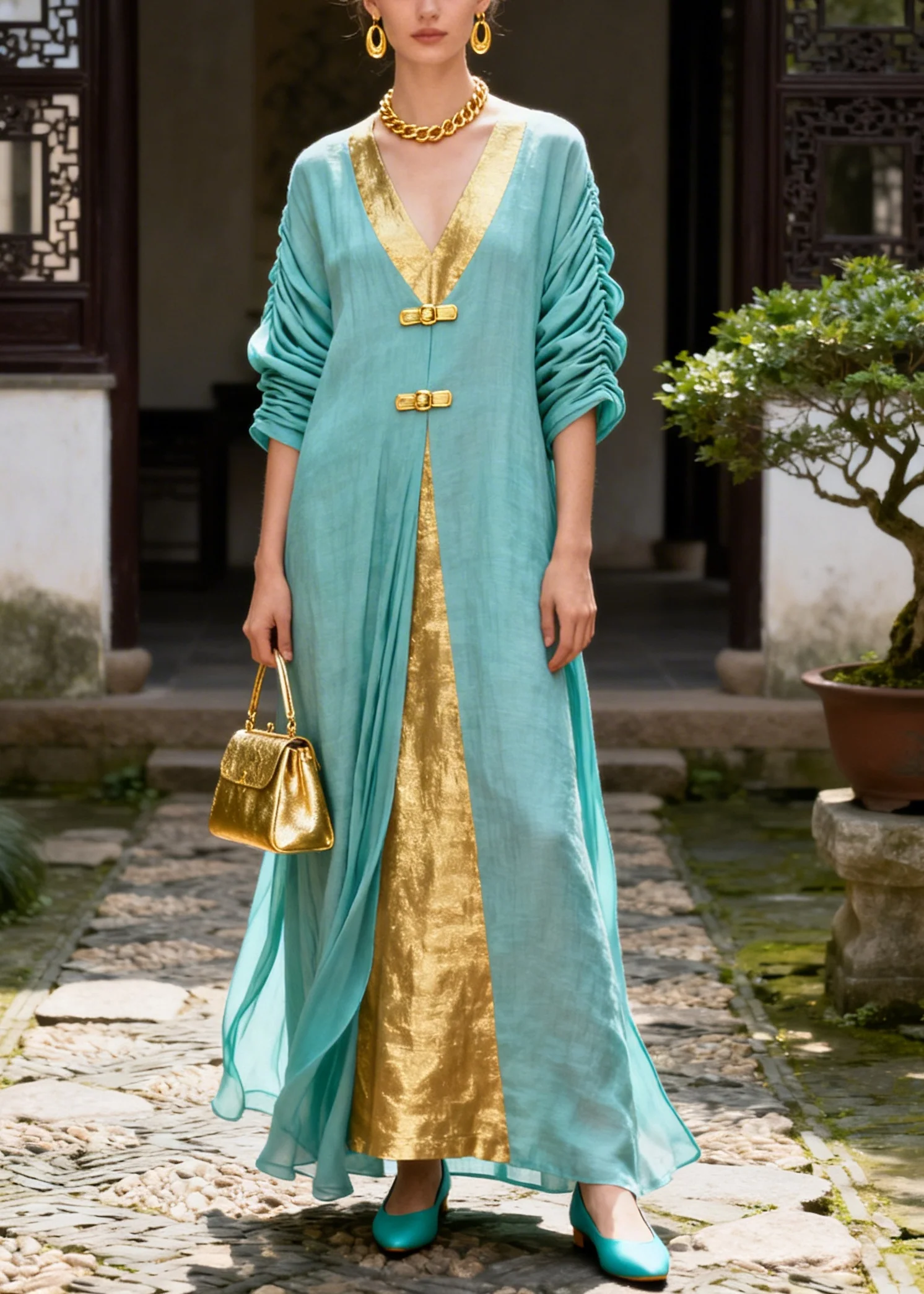Women Blue V Neck Patchwork Cotton Fake Two Piece Dress Summer - Image 5