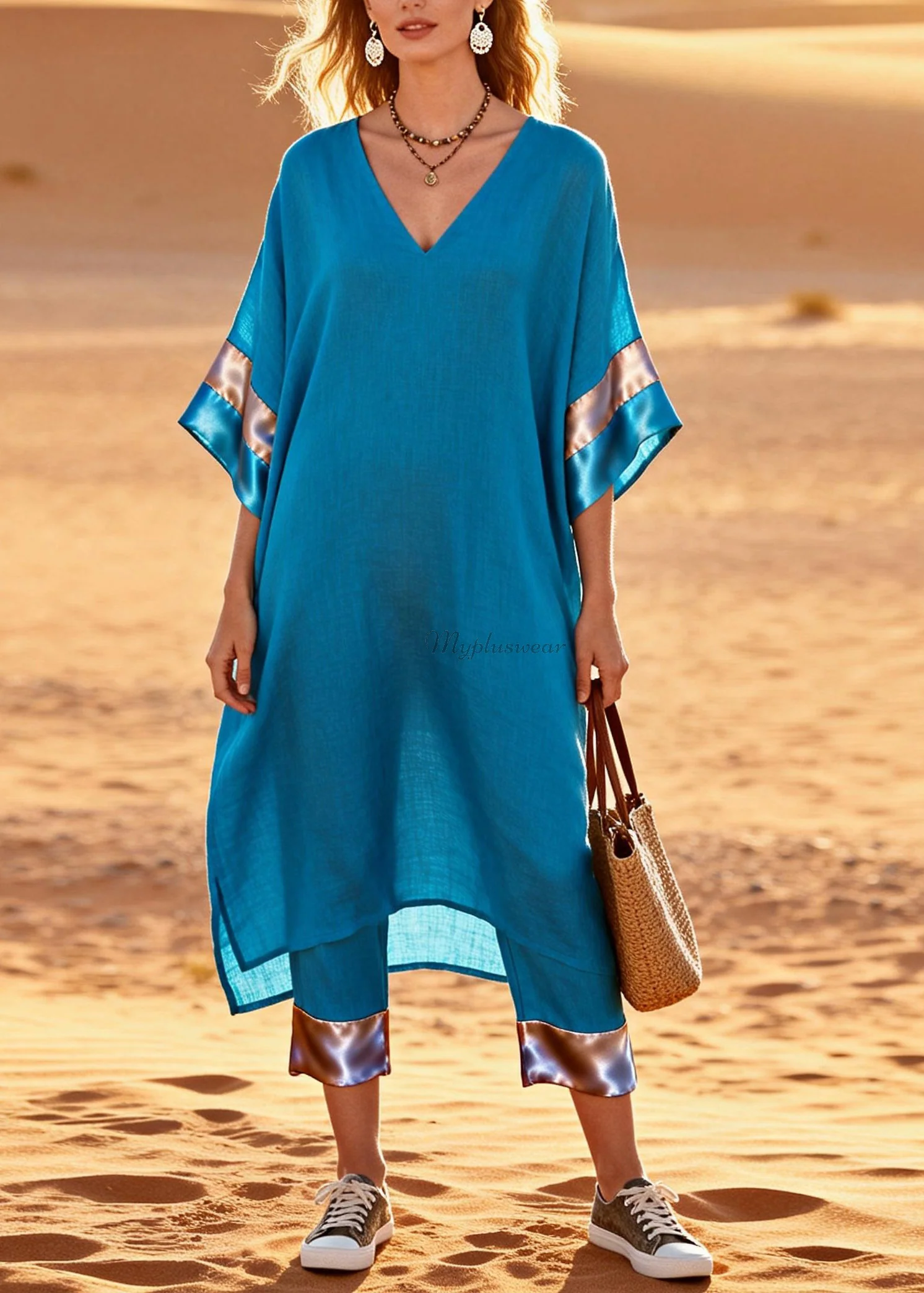 Women Blue V Neck Patchwork Linen Silk Two Pieces Set Summer - Image 3