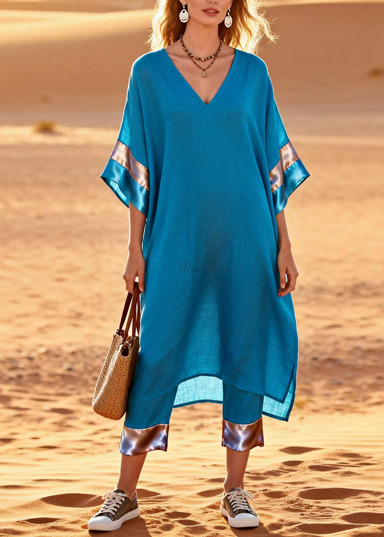 Women Blue V Neck Patchwork Linen Silk Two Pieces Set Summer - Image 5