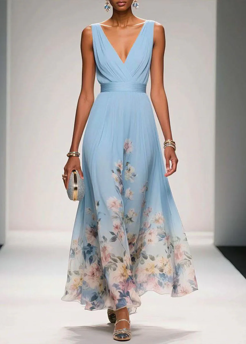 Women Blue V Neck Print Chiffon Long Dress Summer