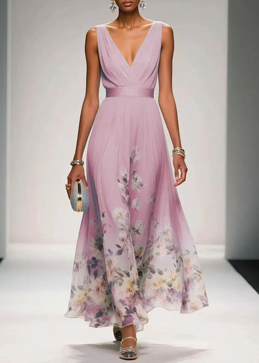Women Blue V Neck Print Chiffon Long Dress Summer - Image 2