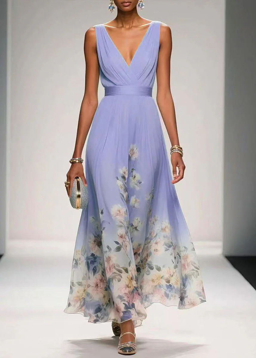 Women Blue V Neck Print Chiffon Long Dress Summer - Image 3