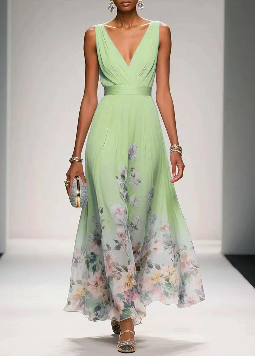 Women Blue V Neck Print Chiffon Long Dress Summer - Image 4