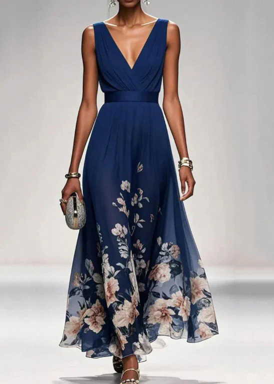 Women Blue V Neck Print Chiffon Long Dress Summer - Image 5