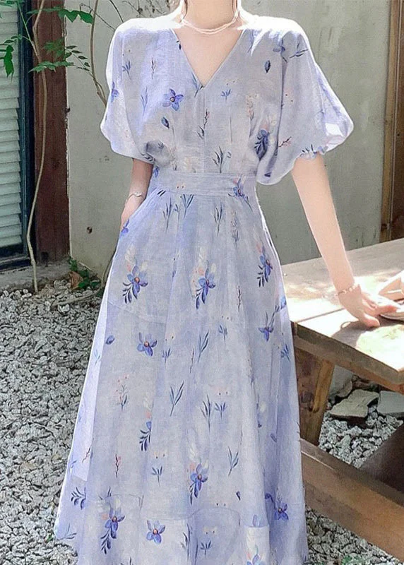 Women Blue V Neck Print Cotton Long Dress Summer - Image 2