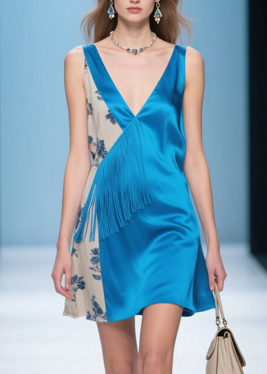 Women Blue V Neck Print Patchwork Silk Dresses Summer - Image 3