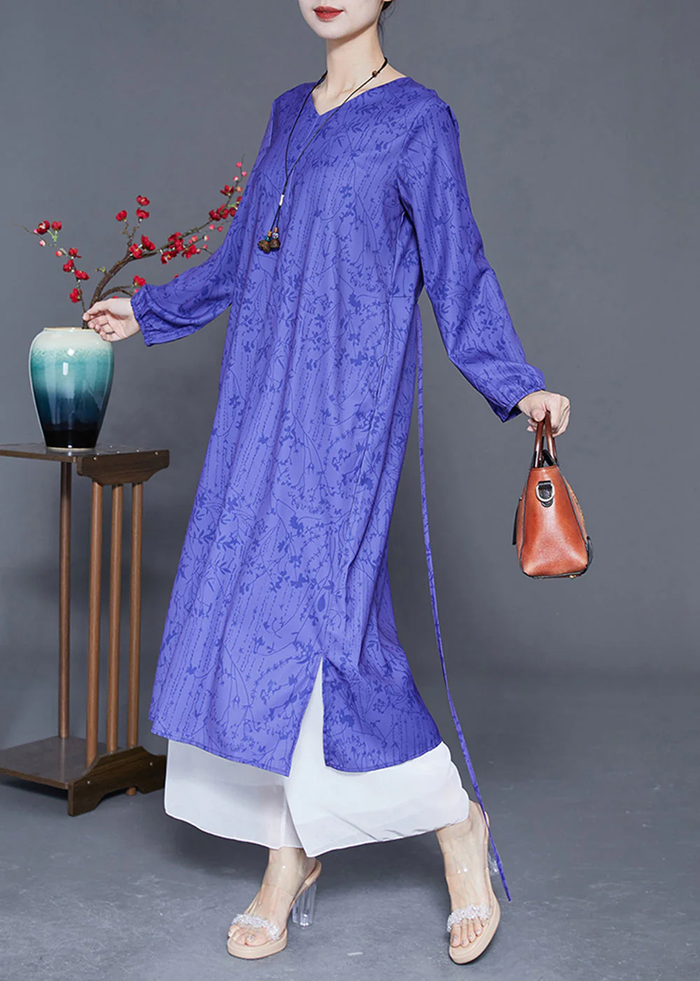 Women Blue V Neck Print Side Open Silk Cinched Dress Summer - Image 2
