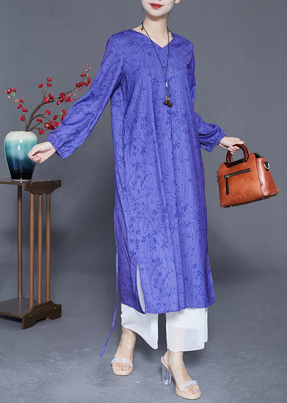 Women Blue V Neck Print Side Open Silk Cinched Dress Summer - Image 3