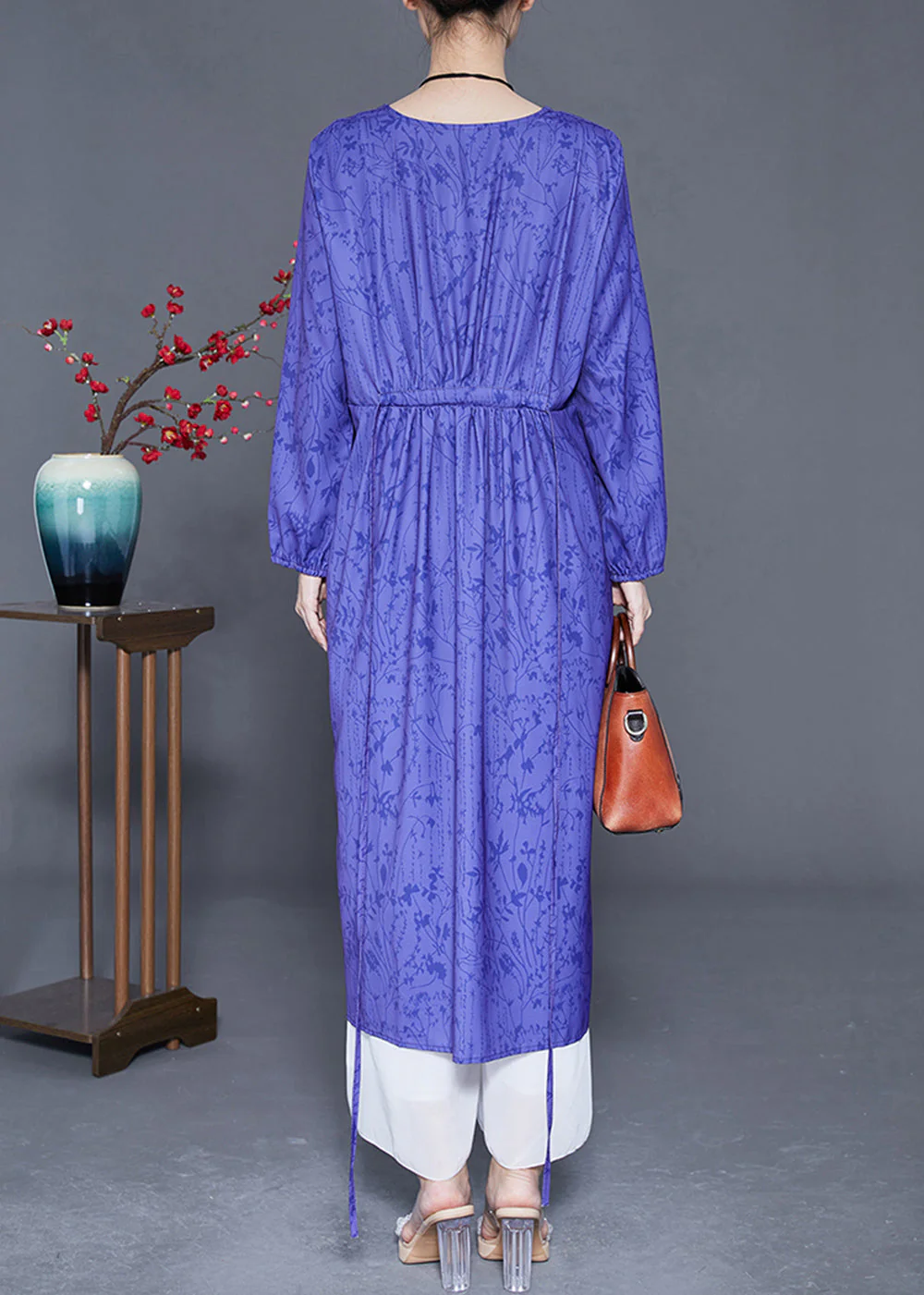 Women Blue V Neck Print Side Open Silk Cinched Dress Summer - Image 4