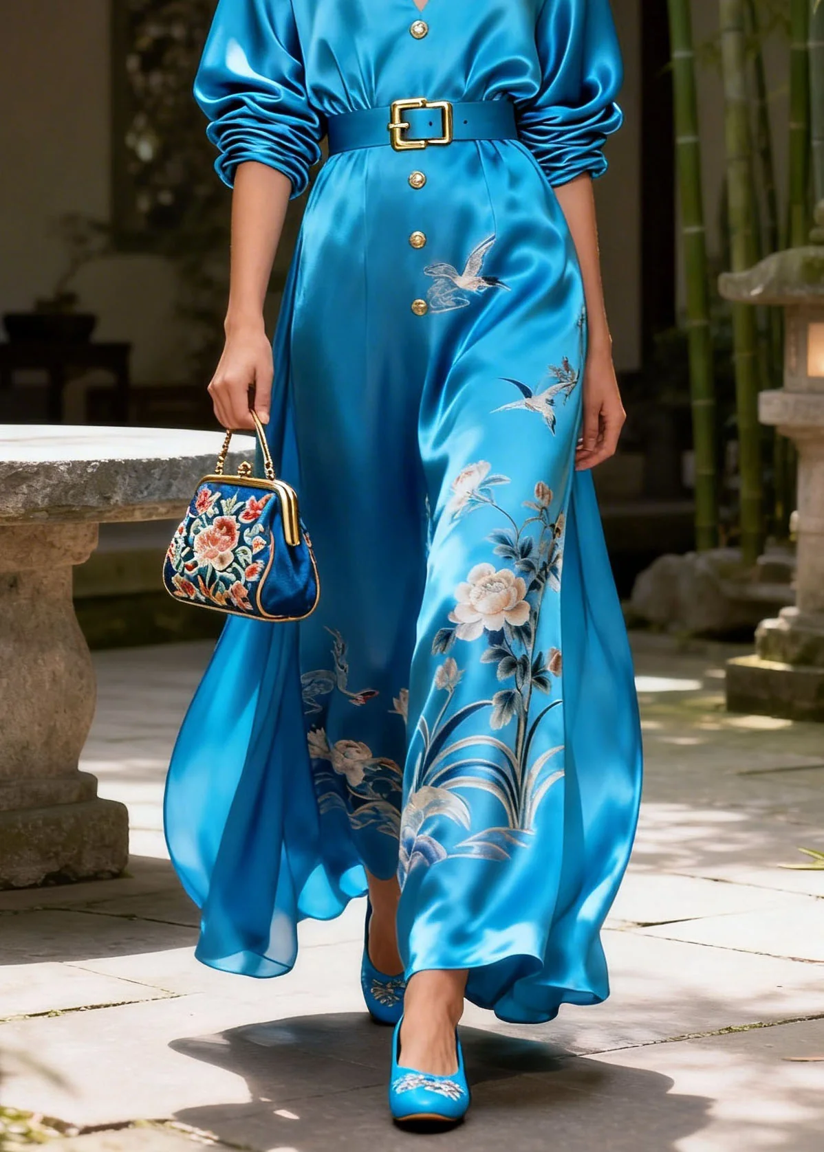 Women Blue V Neck Print Silk Long Dress Summer - Image 4