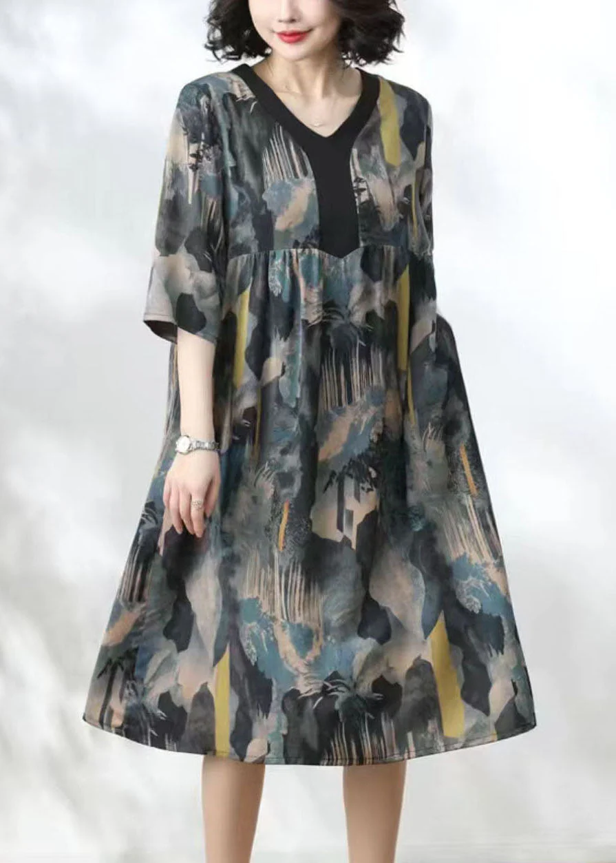 Women Blue V Neck Print Wrinkled Patchwork Silk Dress Summer - Image 2