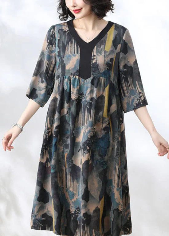 Women Blue V Neck Print Wrinkled Patchwork Silk Dress Summer - Image 3