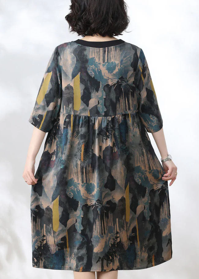 Women Blue V Neck Print Wrinkled Patchwork Silk Dress Summer - Image 4