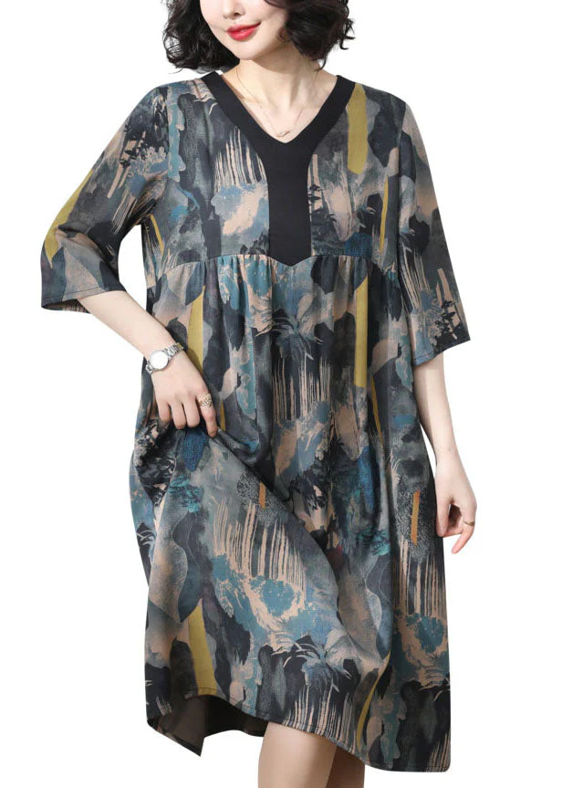 Women Blue V Neck Print Wrinkled Patchwork Silk Dress Summer - Image 5