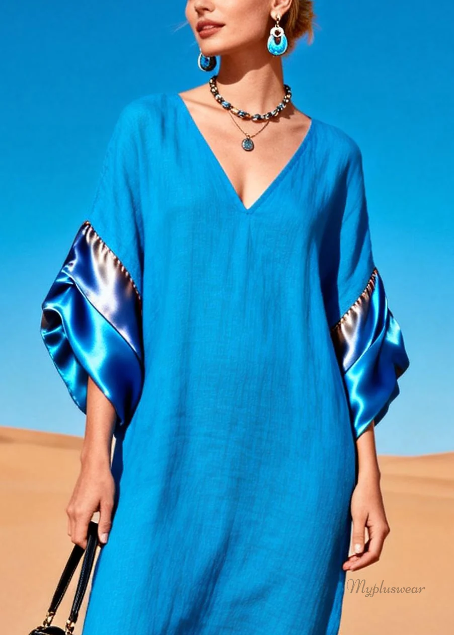 Women Blue V Neck Solid Silk Patchwork Dress Summer - Image 2