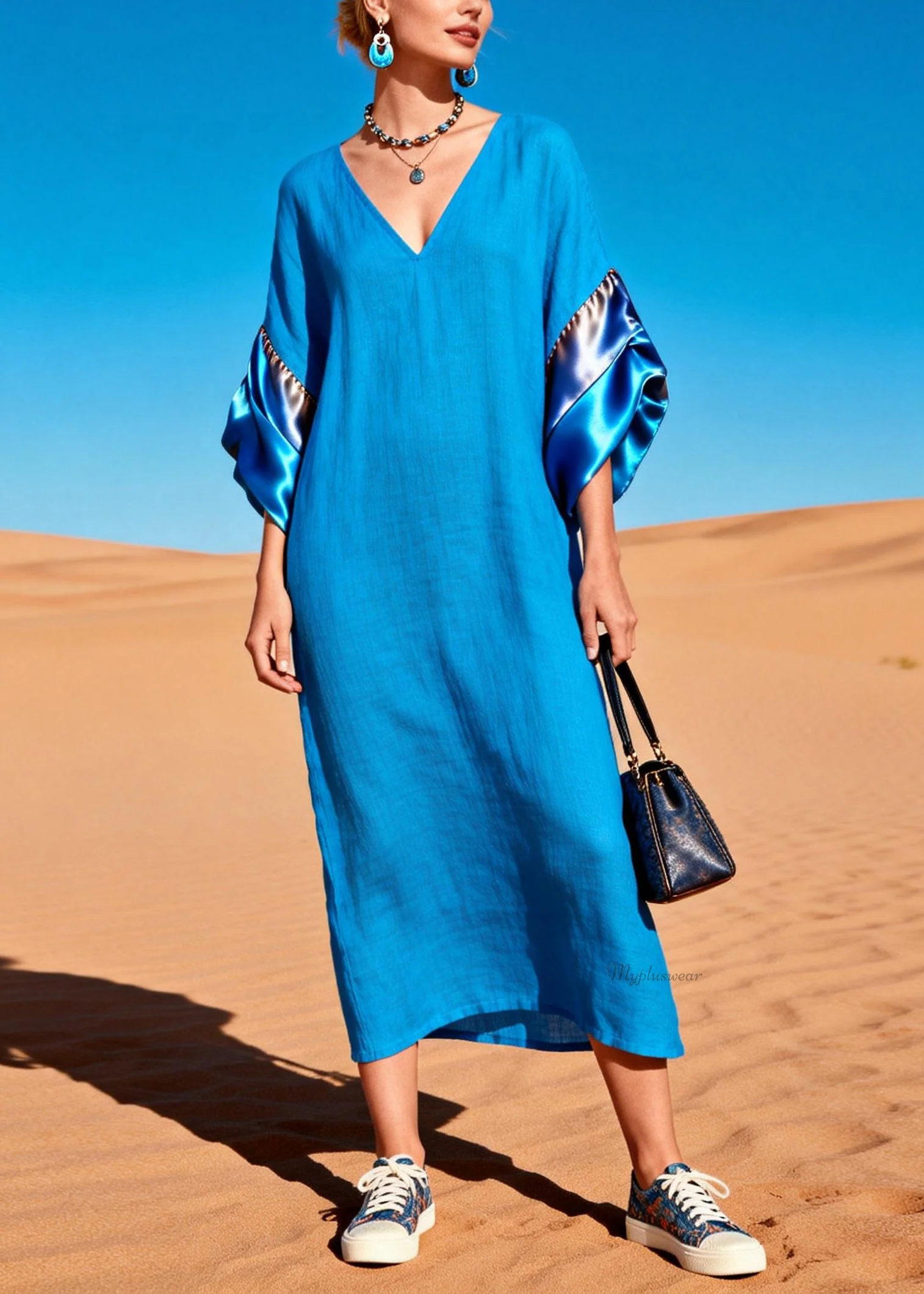 Women Blue V Neck Solid Silk Patchwork Dress Summer - Image 3