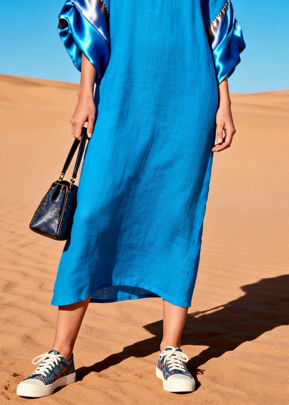 Women Blue V Neck Solid Silk Patchwork Dress Summer - Image 4