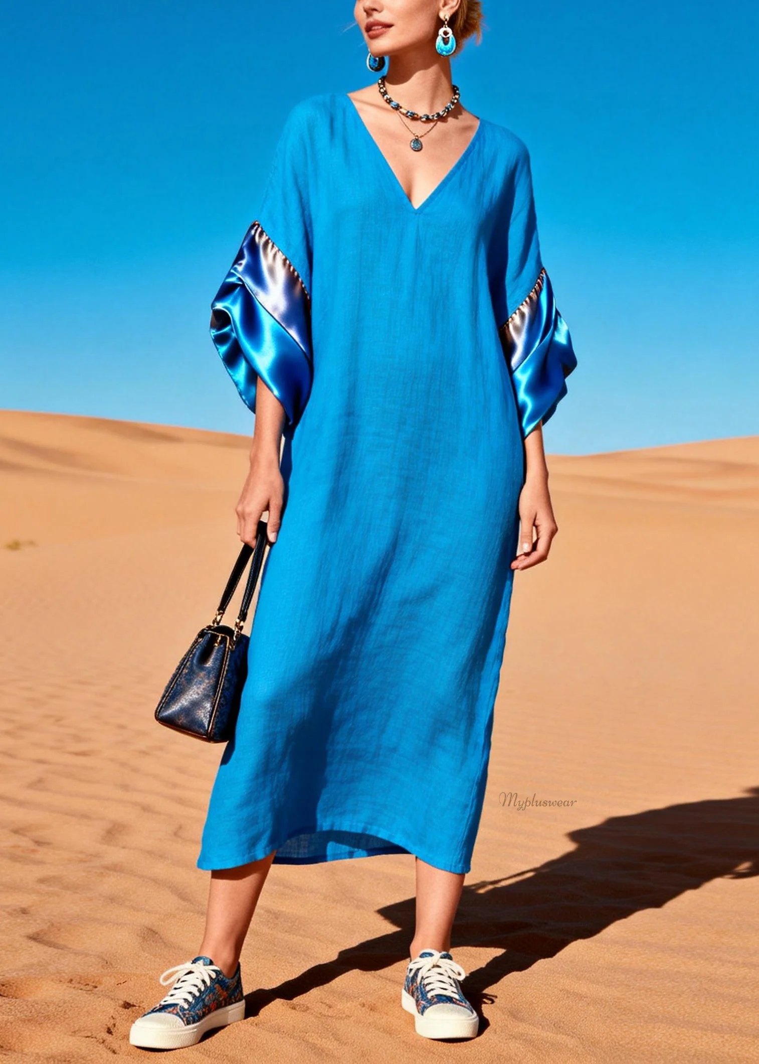 Women Blue V Neck Solid Silk Patchwork Dress Summer - Image 5