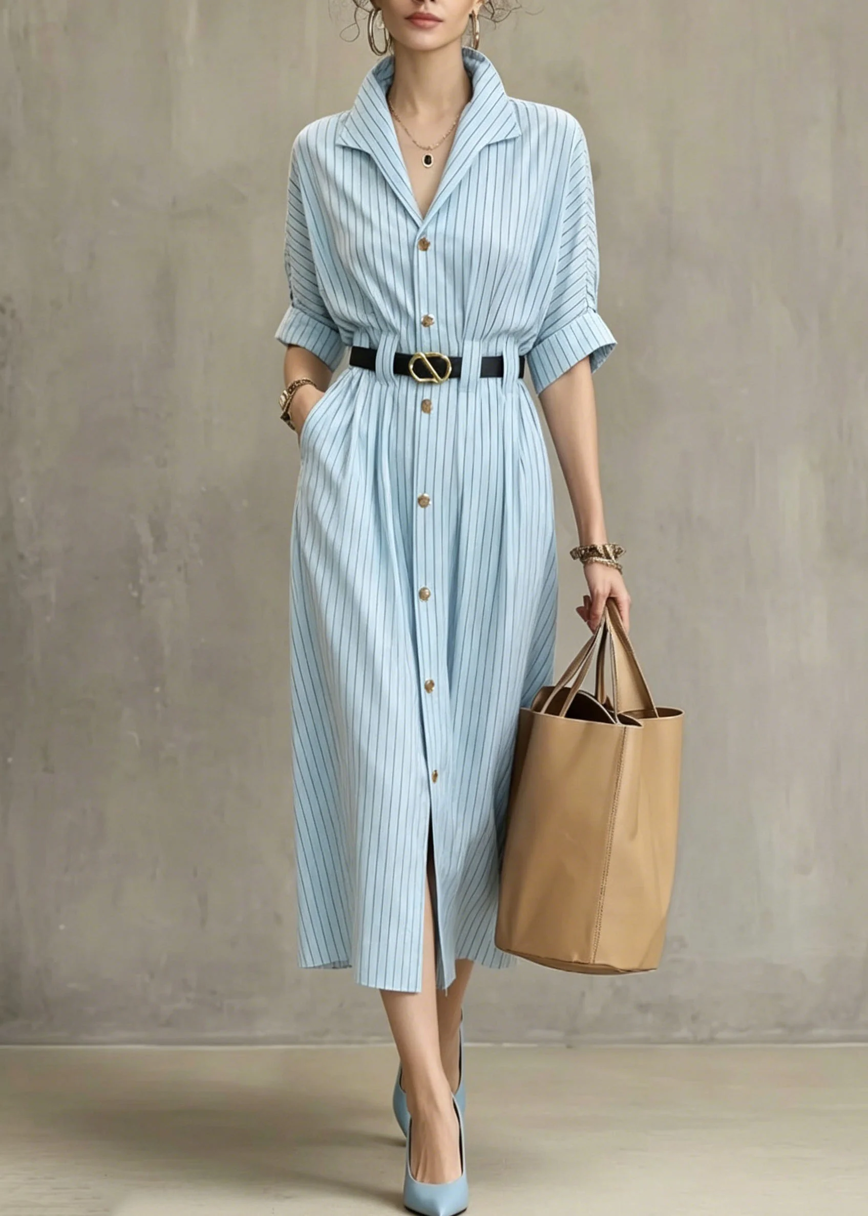 Women Blue V Neck Striped Pockets Cotton Dresses Summer - Image 3