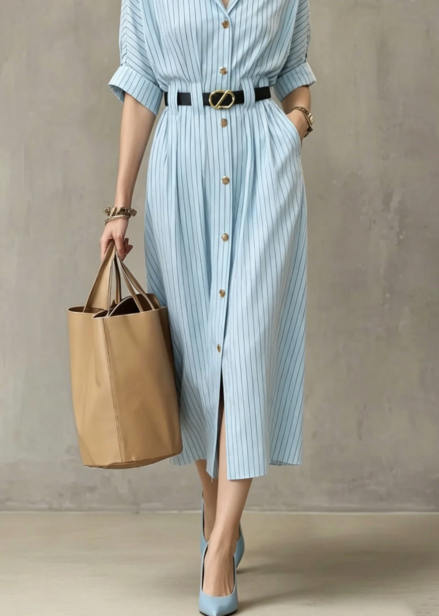 Women Blue V Neck Striped Pockets Cotton Dresses Summer - Image 4