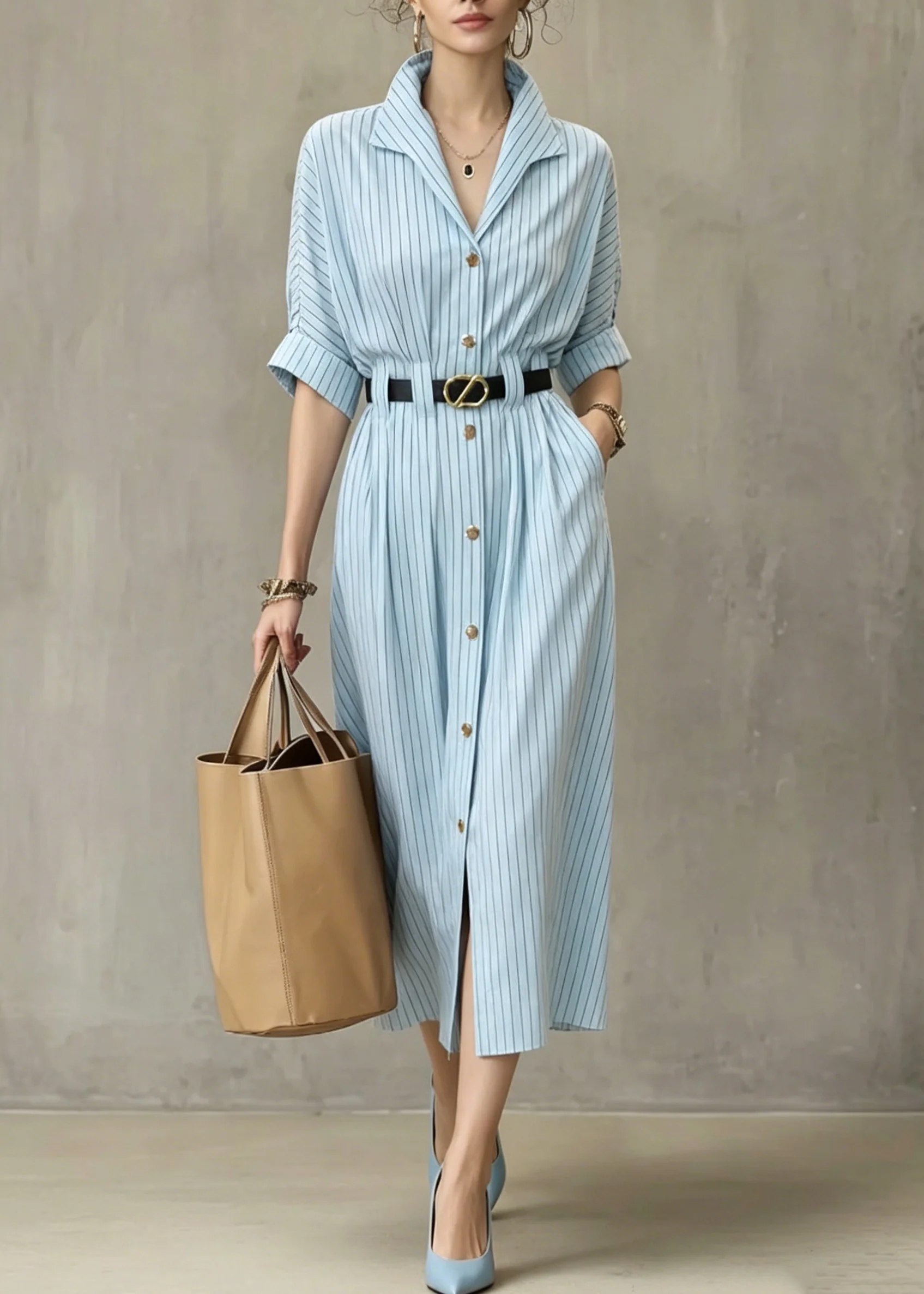 Women Blue V Neck Striped Pockets Cotton Dresses Summer - Image 5