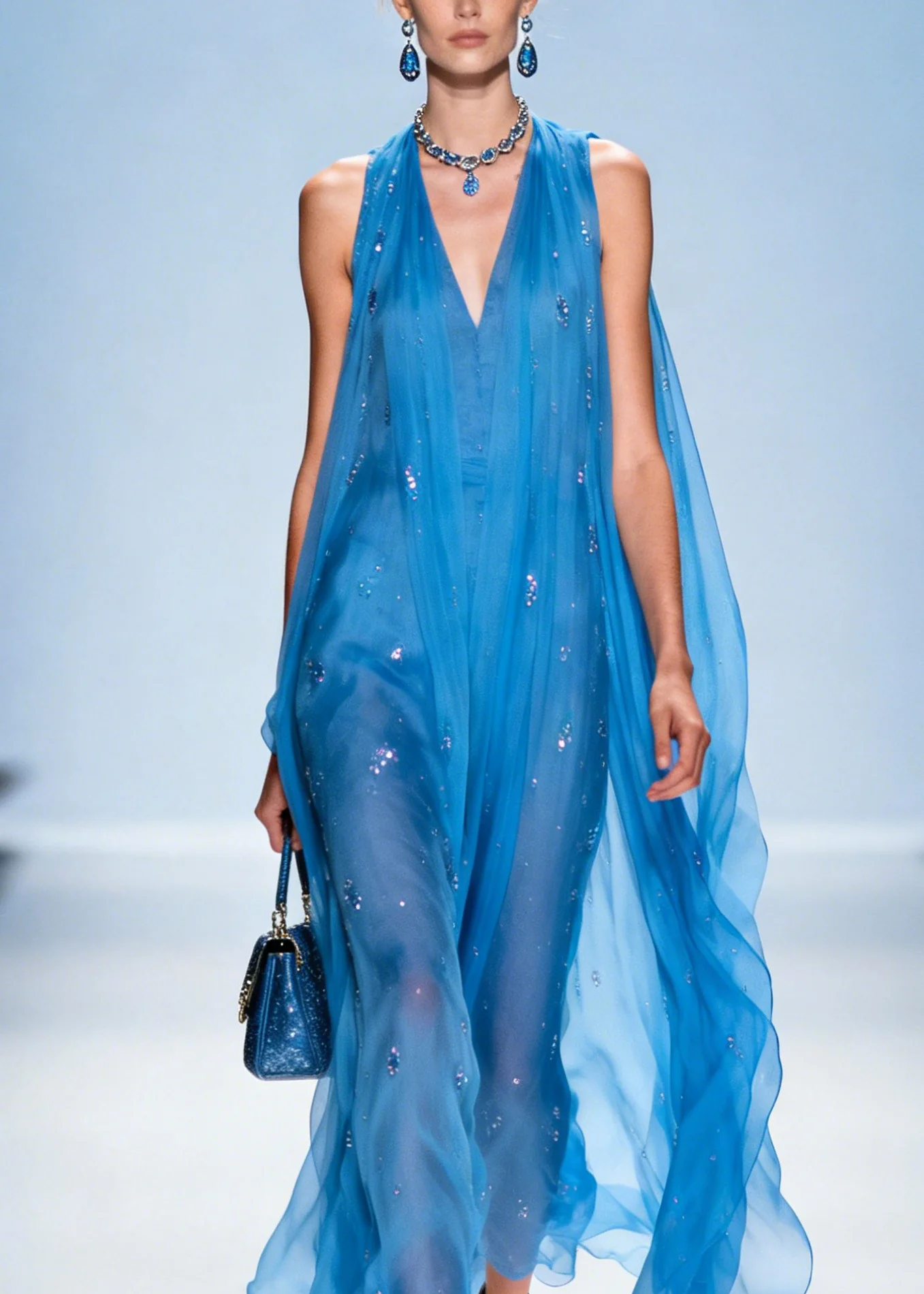 Women Blue V Neck Zircon Chiffon Dresses Sleeveless - Image 2