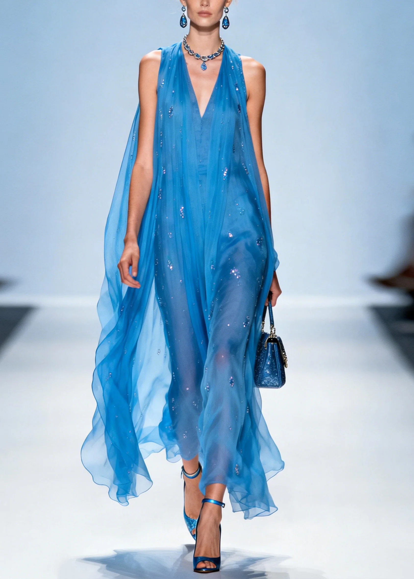 Women Blue V Neck Zircon Chiffon Dresses Sleeveless - Image 3