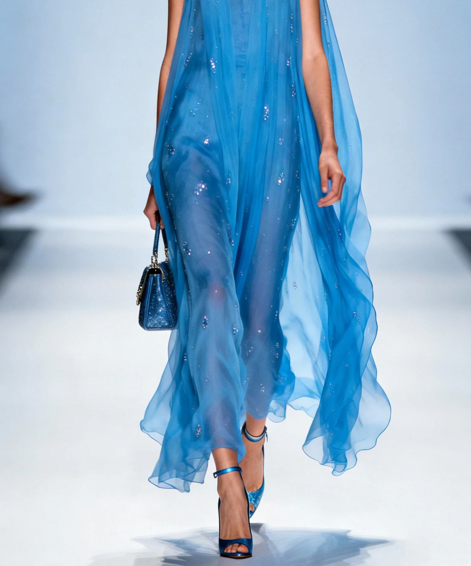 Women Blue V Neck Zircon Chiffon Dresses Sleeveless - Image 4