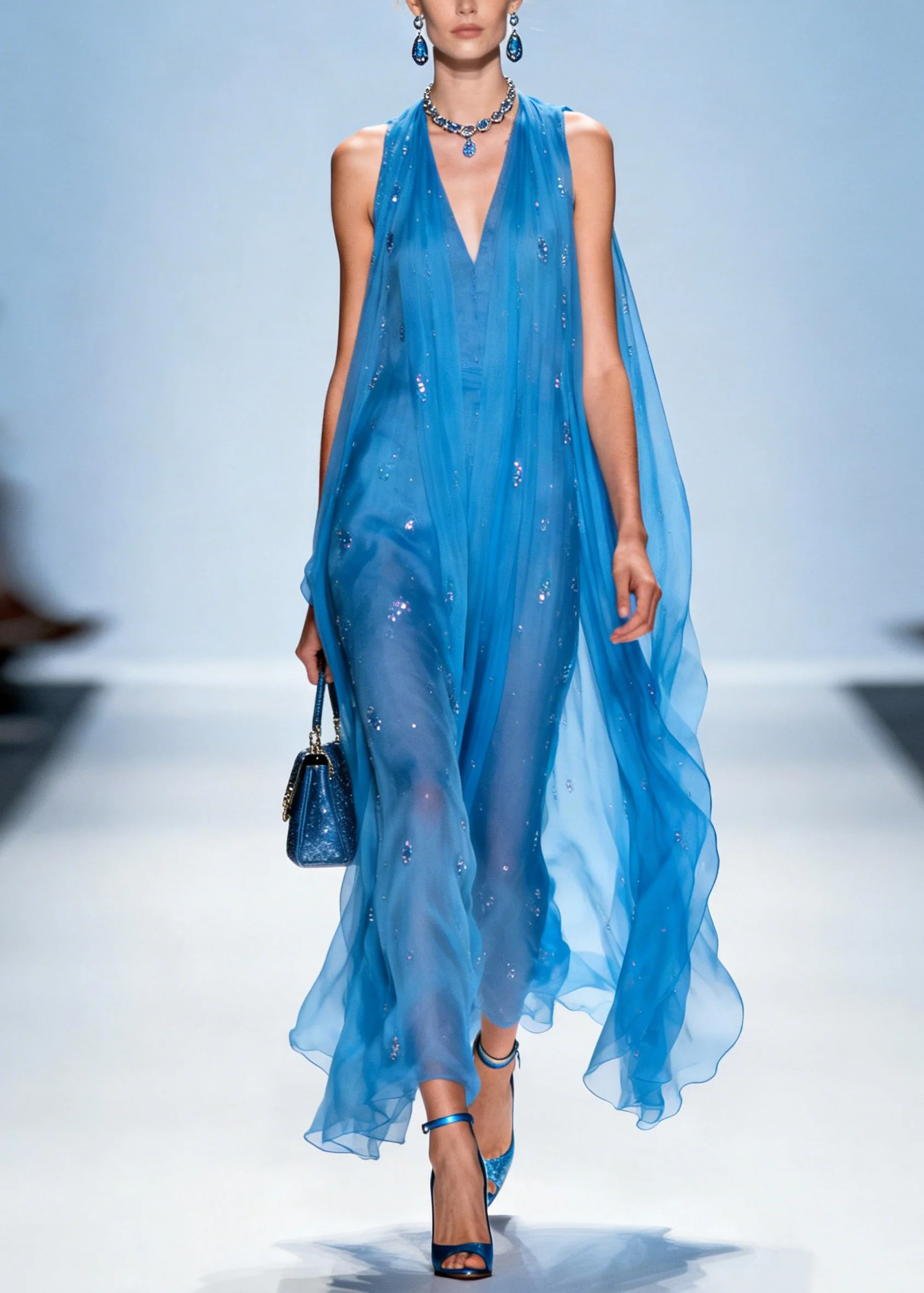 Women Blue V Neck Zircon Chiffon Dresses Sleeveless - Image 5