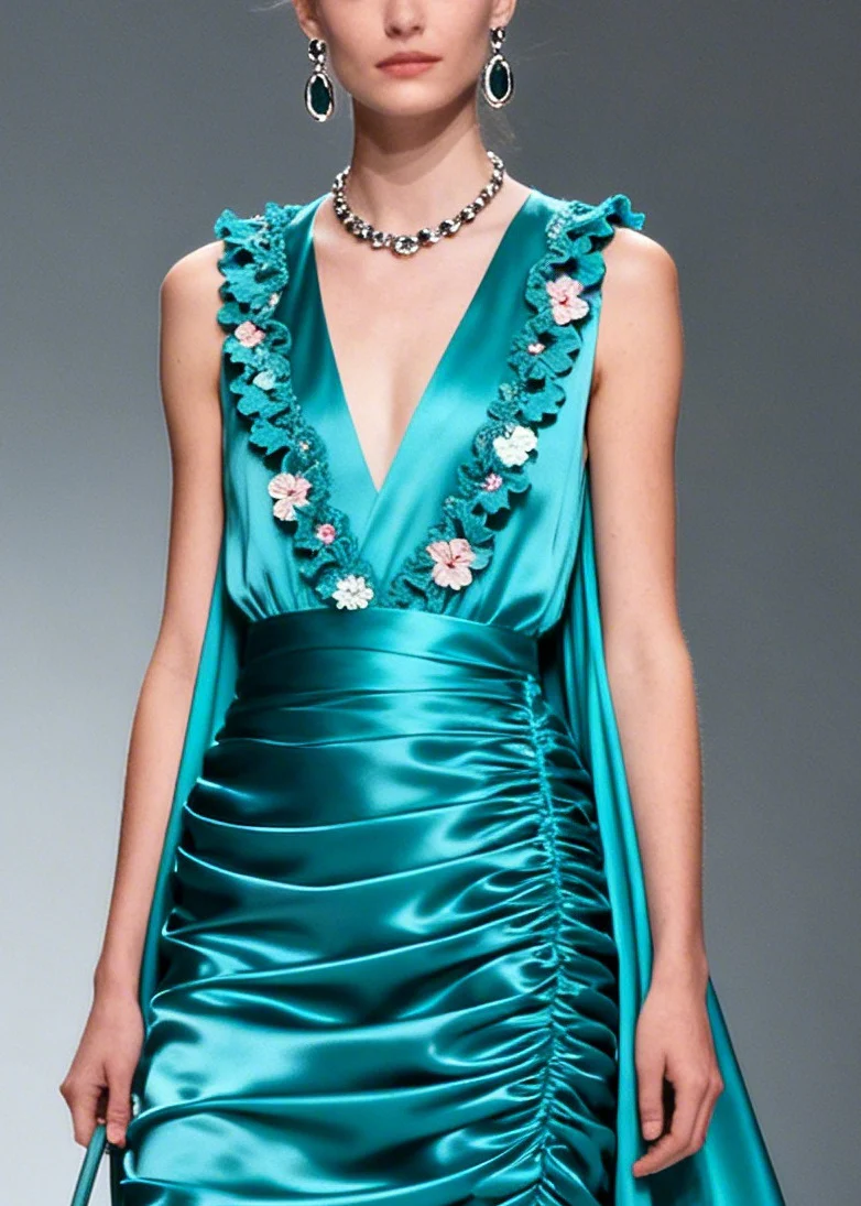 Women Blue Wrinkled Exra Large Hem Flower Silk Party Dresses Sleeveless - Image 2