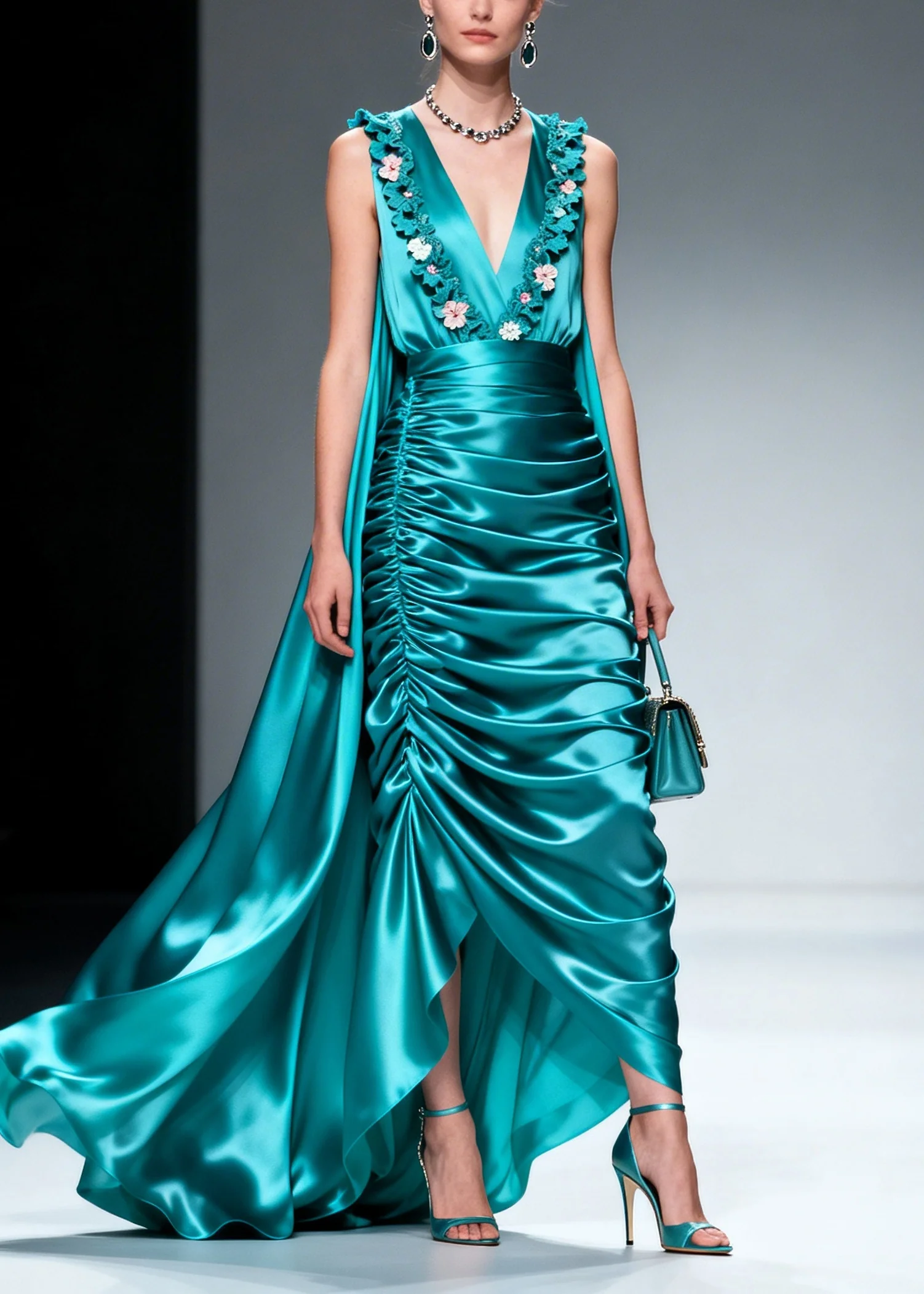 Women Blue Wrinkled Exra Large Hem Flower Silk Party Dresses Sleeveless - Image 3