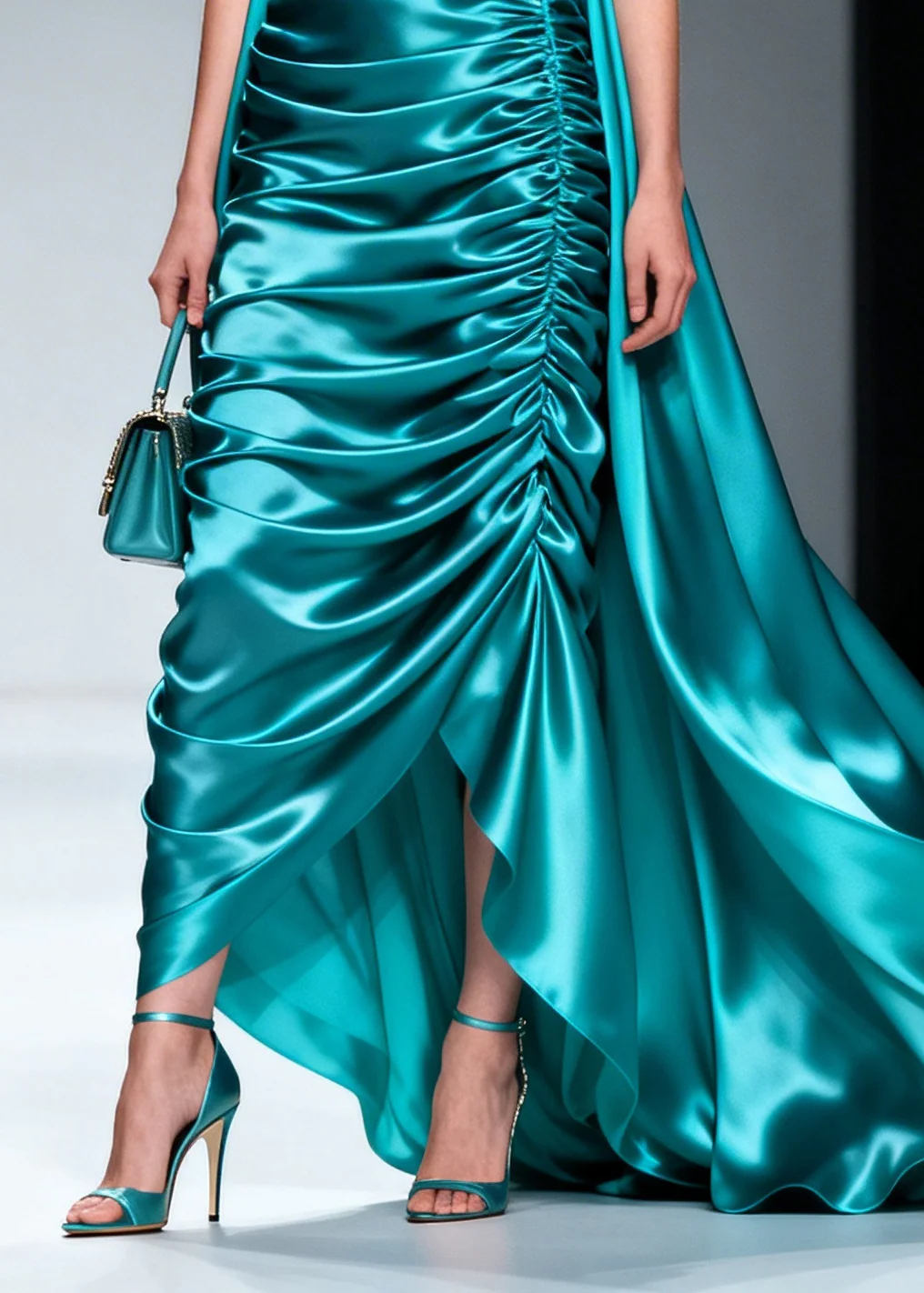 Women Blue Wrinkled Exra Large Hem Flower Silk Party Dresses Sleeveless - Image 4