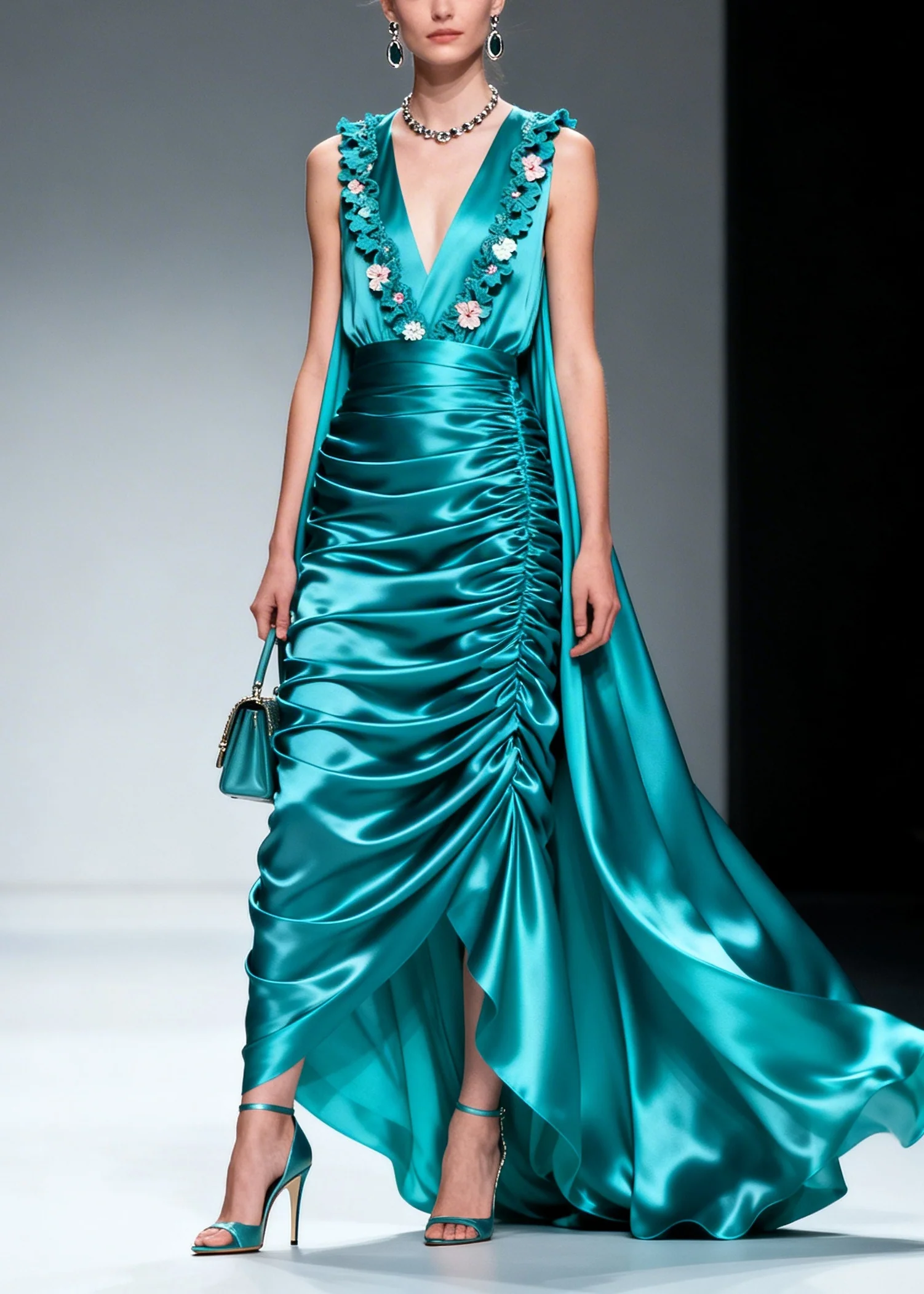 Women Blue Wrinkled Exra Large Hem Flower Silk Party Dresses Sleeveless - Image 5