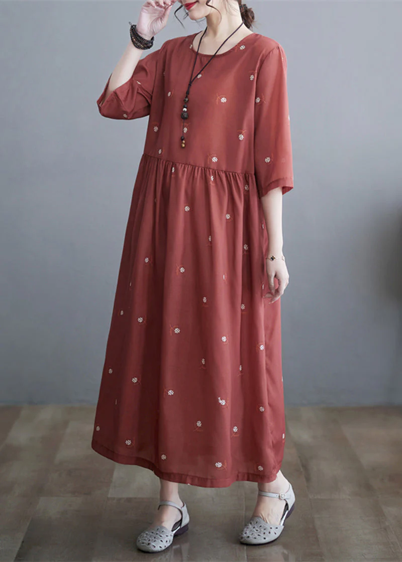 Women Brick Red Cinched Print Linen Dress Half Sleeve - Image 2
