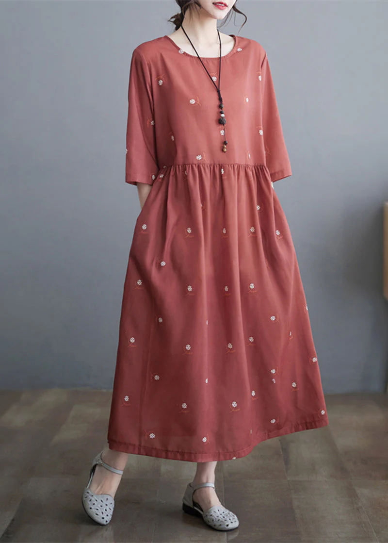 Women Brick Red Cinched Print Linen Dress Half Sleeve - Image 3
