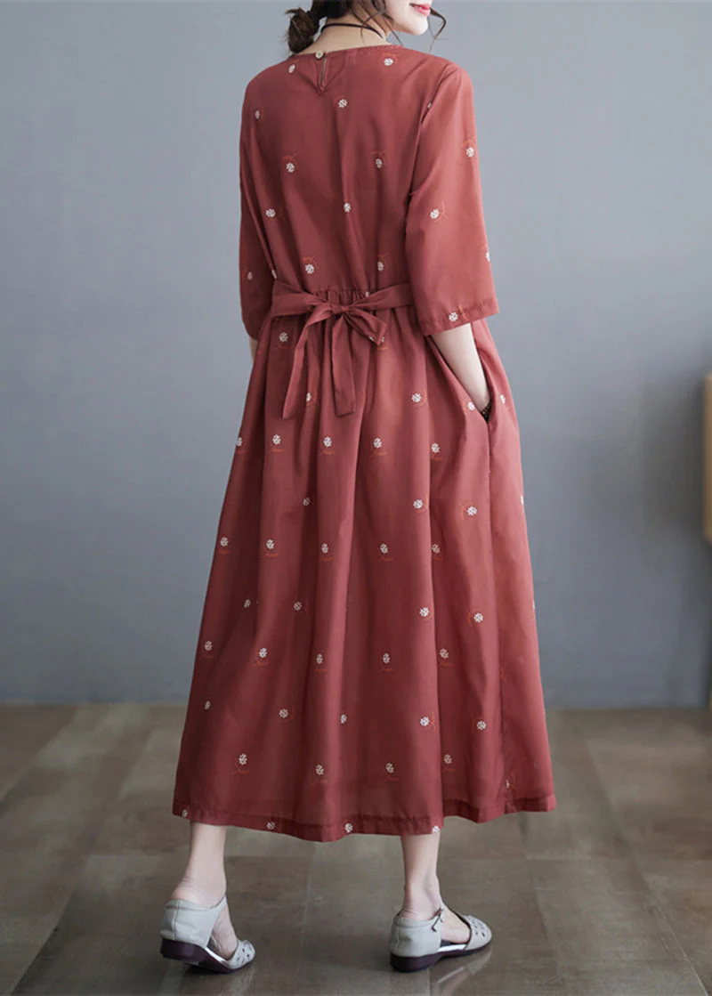 Women Brick Red Cinched Print Linen Dress Half Sleeve - Image 4