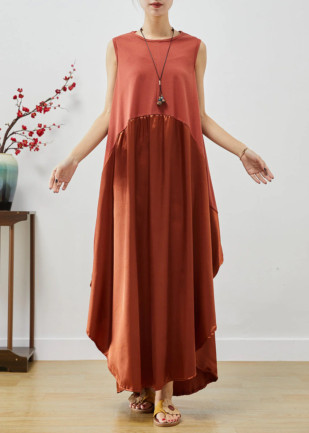 Women Brick Red Oversized Patchwork Silk Long Dress Sleeveless - Image 2