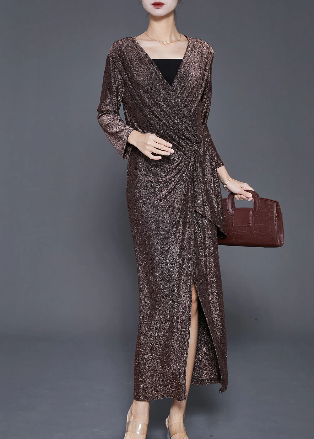 Women Brown Asymmetrical Side Open Silk Velour Dresses Fall - Image 3
