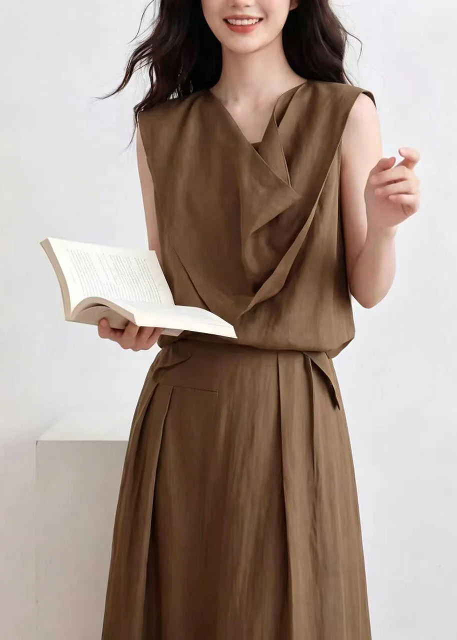 Women Brown Asymmetrical Wrinkled Cotton Two Pieces Set Sleeveless - Image 4