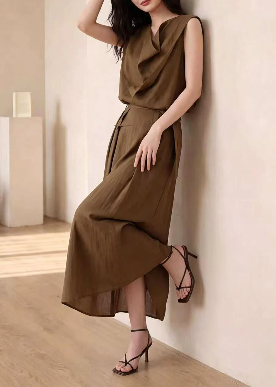 Women Brown Asymmetrical Wrinkled Cotton Two Pieces Set Sleeveless - Image 5