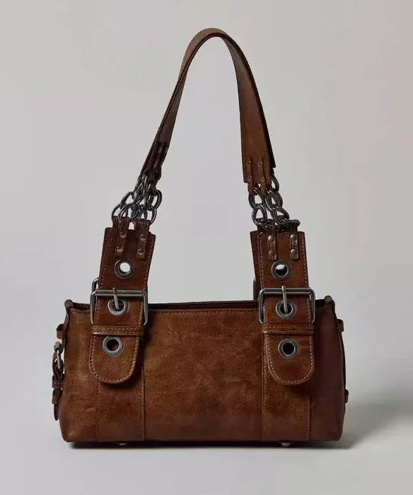 Women Brown Chain Linked Patchwork Faux Leather Shoulder Bags - Image 5