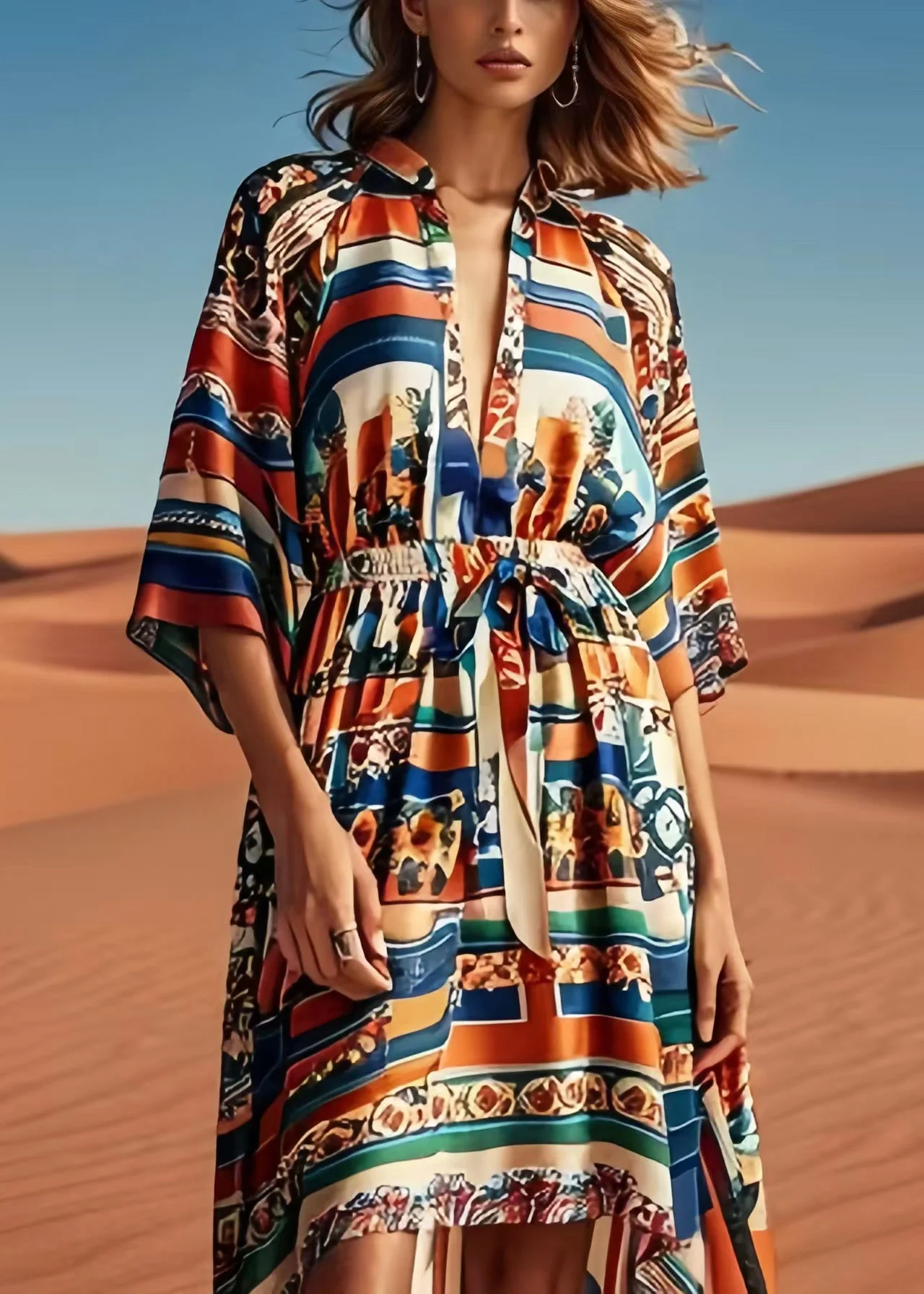 Women Brown Cinched Print Silk Beach Dress Summer - Image 2