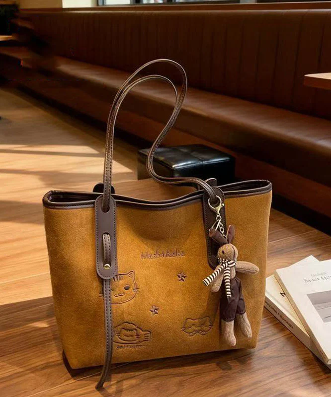Women Brown Cute Cat Embroidered Faux Leather Shoulder Bags - Image 5